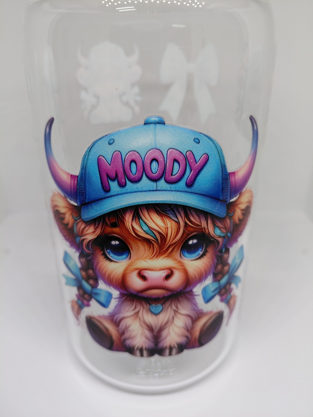 Glass Can Tumbler 16oz UVDTF Highland Cows "Moody" Straw Acrylic Lid